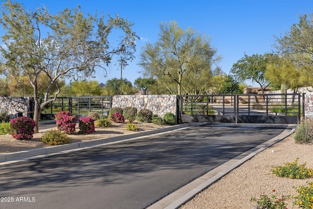 view of road with a gate, curbs, and a gated entry