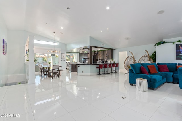 tiled living room featuring vaulted ceiling