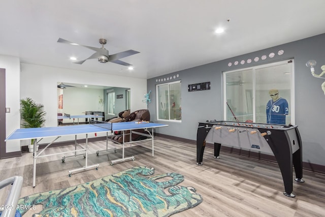 game room featuring ceiling fan and wood-type flooring