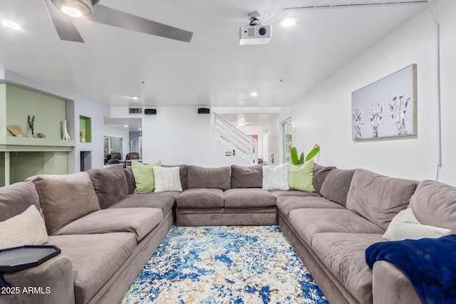 living room with ceiling fan