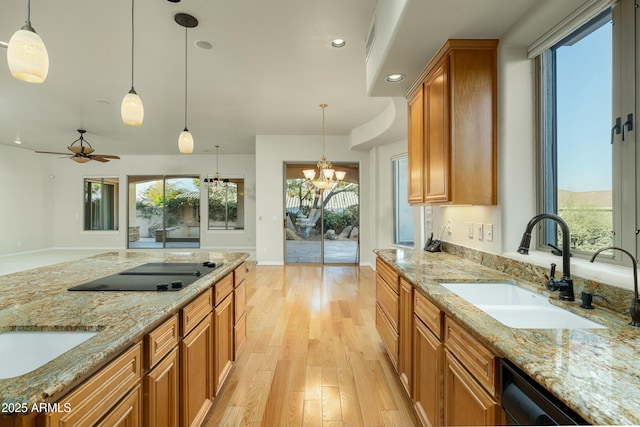 kitchen with sink, hanging light fixtures, and black appliances