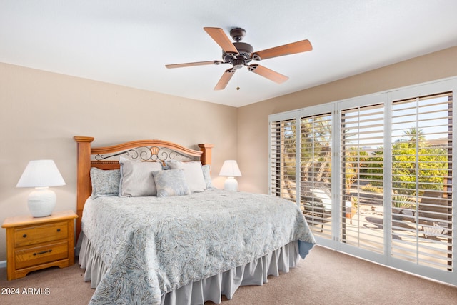 bedroom with access to outside, ceiling fan, and carpet flooring