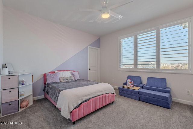 carpeted bedroom with ceiling fan and multiple windows