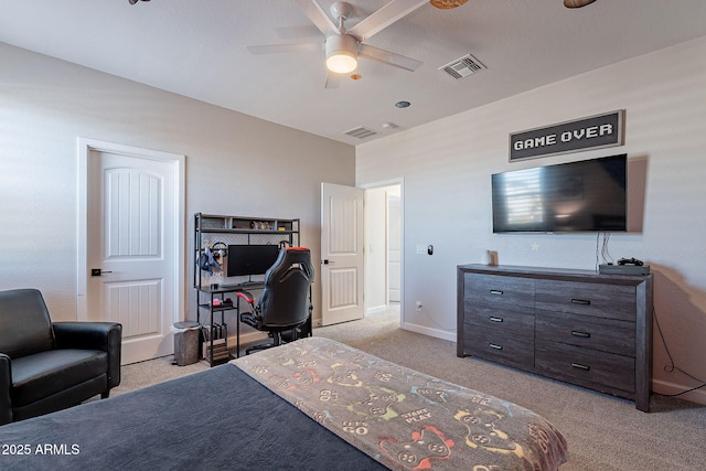 carpeted bedroom with ceiling fan