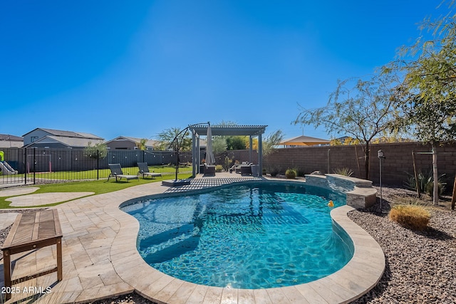 view of pool with a patio, a lawn, and a pergola