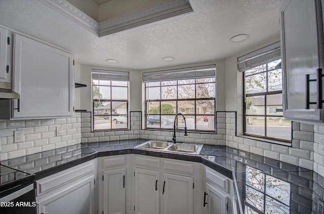 kitchen featuring a textured ceiling, white cabinetry, and a wealth of natural light