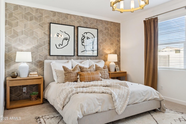 carpeted bedroom with ornamental molding and an inviting chandelier