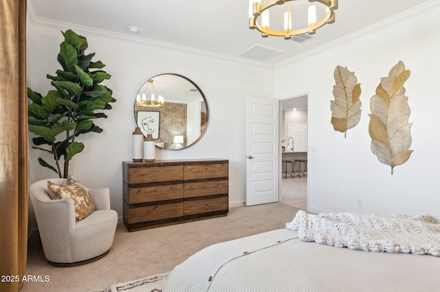 bedroom featuring crown molding, light colored carpet, and a notable chandelier