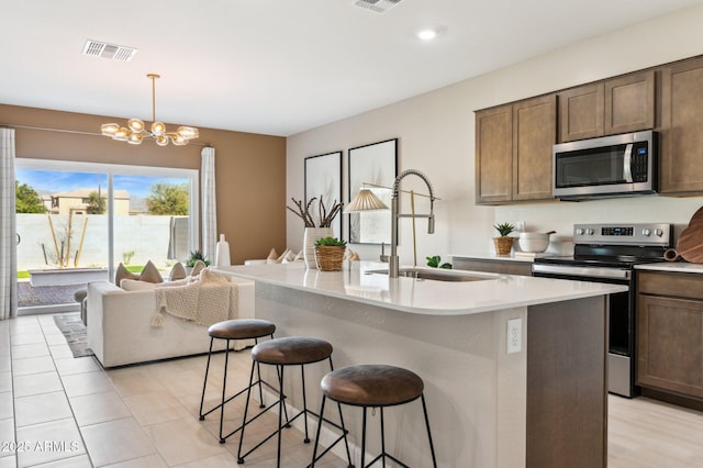 kitchen featuring sink, an inviting chandelier, a center island with sink, pendant lighting, and stainless steel appliances