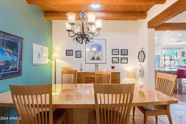 tiled dining room with beamed ceiling, wood ceiling, sink, and an inviting chandelier