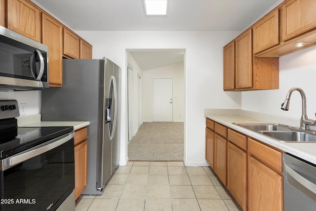 kitchen with sink, light colored carpet, and appliances with stainless steel finishes