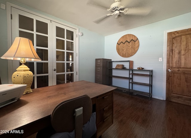 office space with lofted ceiling, dark wood-style floors, baseboards, french doors, and a ceiling fan