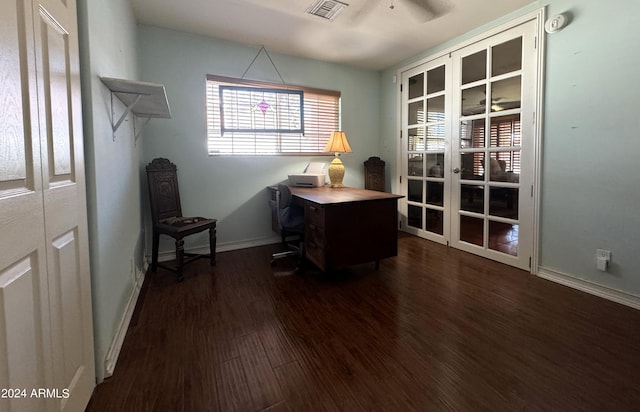 office with french doors, visible vents, dark wood-style flooring, and baseboards