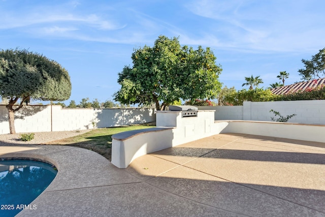 view of patio featuring area for grilling, a grill, and a fenced in pool