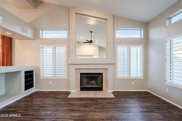 1227 E Sheena Dr, Phoenix, AZ 85022 - unfurnished living room featuring a fireplace, high vaulted ceiling, wood finished floors, baseboards, and a ceiling fan