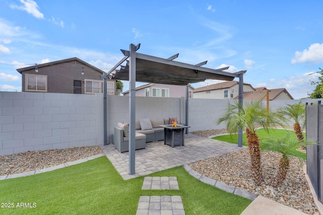 view of yard featuring a patio area, an outdoor living space, a pergola, and a fenced backyard