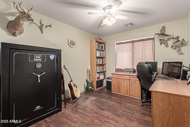 home office featuring ceiling fan and dark hardwood / wood-style flooring