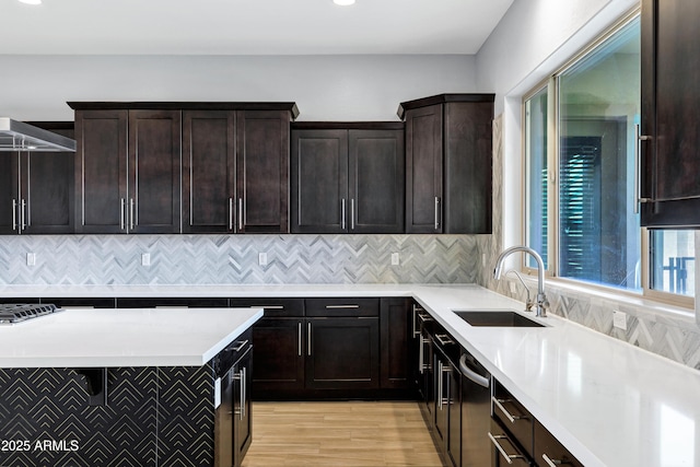 kitchen with light hardwood / wood-style floors, dark brown cabinetry, sink, and tasteful backsplash