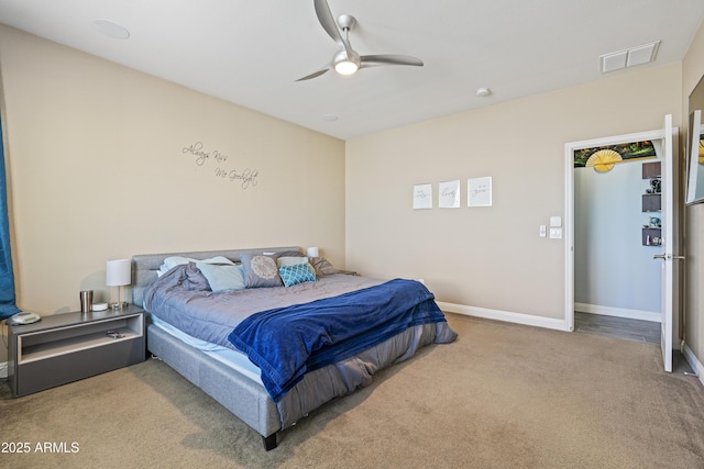 bedroom with baseboards, visible vents, ceiling fan, and carpet flooring