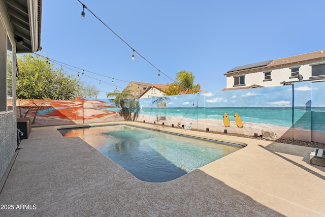 view of pool featuring a fenced backyard, a fenced in pool, and a patio