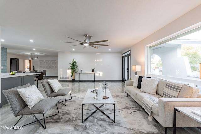 living room with ceiling fan