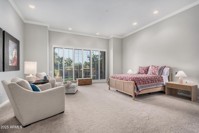 bedroom with light carpet and ornamental molding