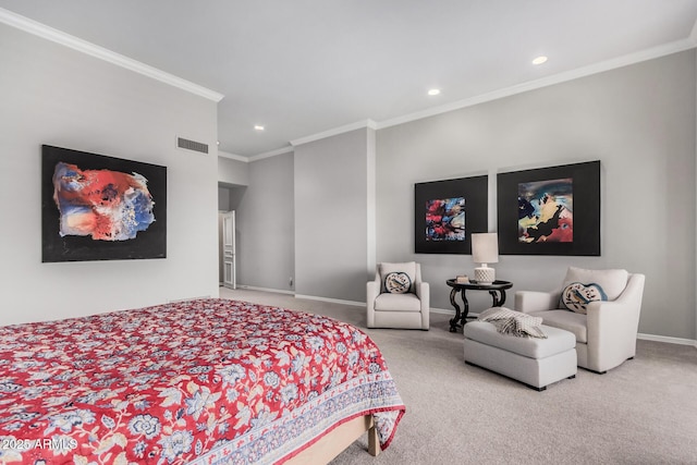 bedroom featuring ornamental molding and carpet flooring