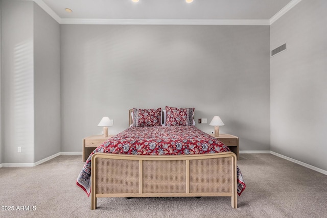 carpeted bedroom with crown molding