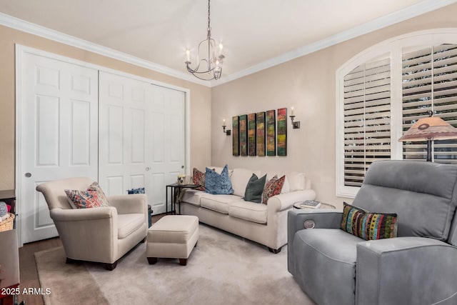 living room featuring ornamental molding and an inviting chandelier