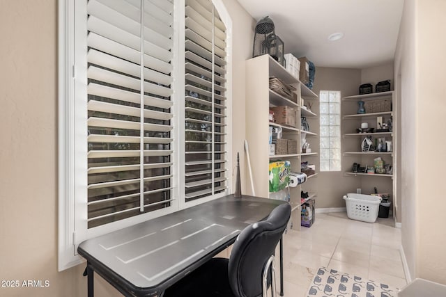 tiled office space featuring beverage cooler