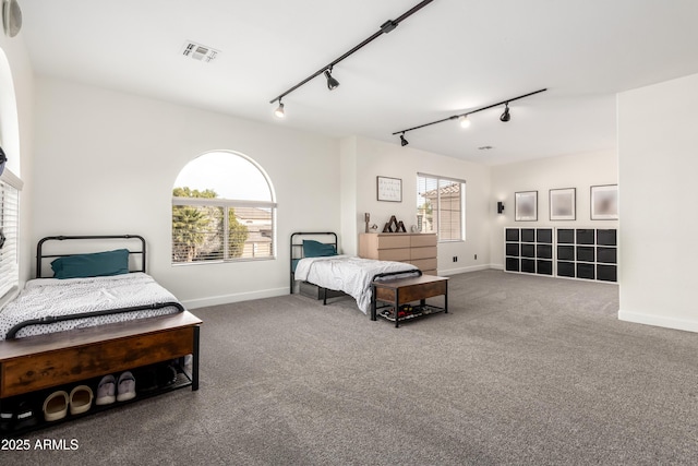 bedroom with track lighting and carpet flooring