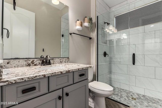 5328 S Wesley Cir, Mesa, AZ 85212 - bathroom featuring a stall shower, toilet, vanity, and wood finished floors