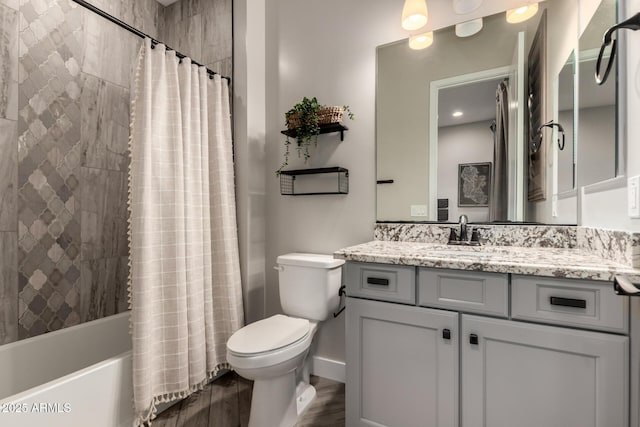 5328 S Wesley Cir, Mesa, AZ 85212 - bathroom with toilet, vanity, wood finished floors, and shower / bath combination with curtain