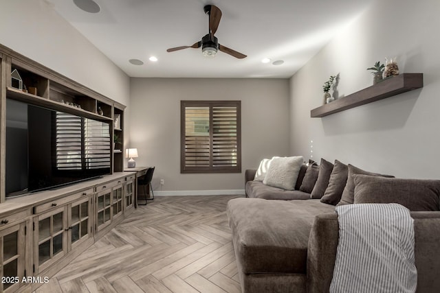 5328 S Wesley Cir, Mesa, AZ 85212 - living room featuring a ceiling fan, baseboards, and recessed lighting