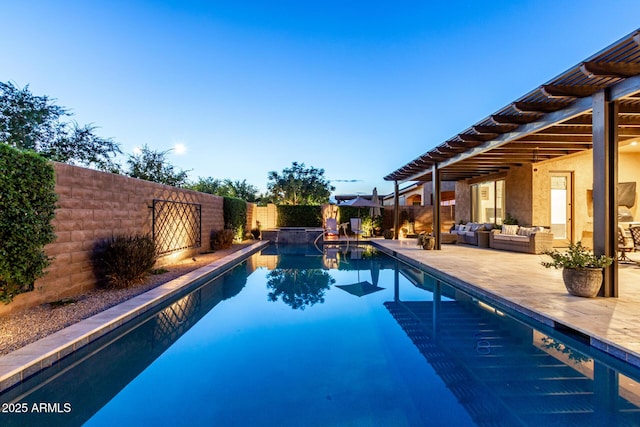 5328 S Wesley Cir, Mesa, AZ 85212 - view of pool featuring a patio area, an outdoor living space, a fenced backyard, and a pool with connected hot tub