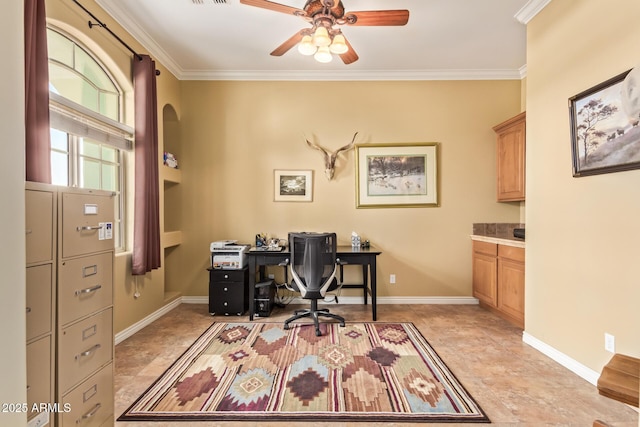 home office featuring visible vents, crown molding, baseboards, and ceiling fan