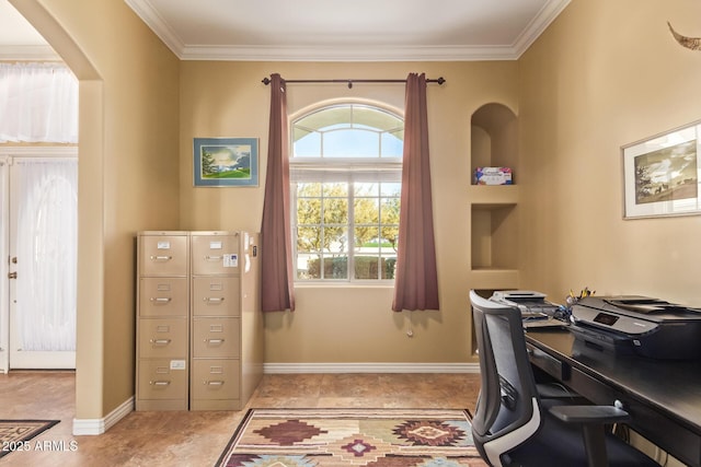 office space featuring crown molding, baseboards, and light tile patterned floors