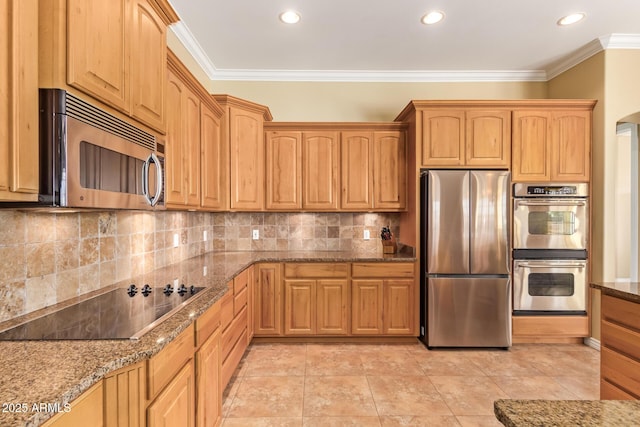 kitchen with stone counters, recessed lighting, appliances with stainless steel finishes, tasteful backsplash, and crown molding