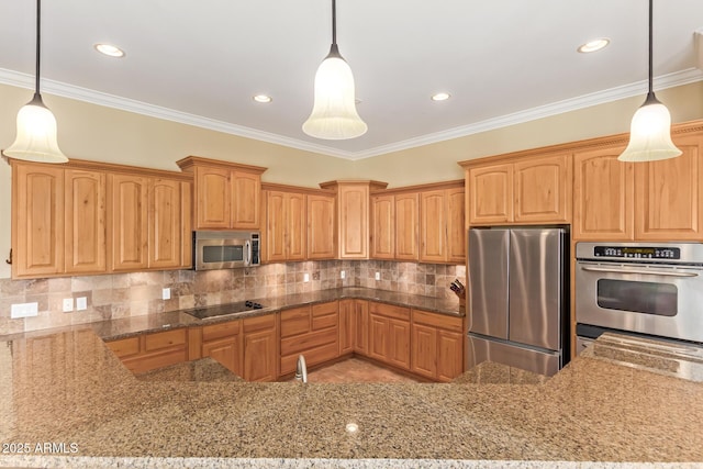 kitchen with crown molding, appliances with stainless steel finishes, decorative backsplash, and light stone counters