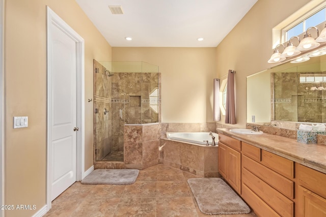 full bath with a garden tub, visible vents, vanity, tiled shower, and tile patterned floors