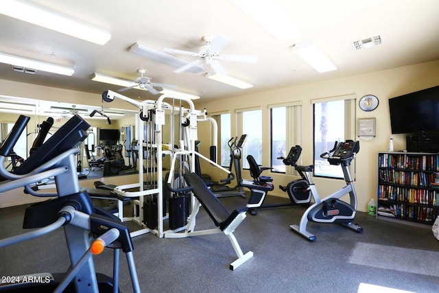 workout area with ceiling fan