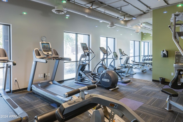 gym with dark colored carpet