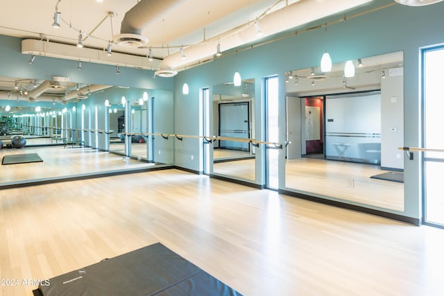 workout area with hardwood / wood-style flooring and a wealth of natural light