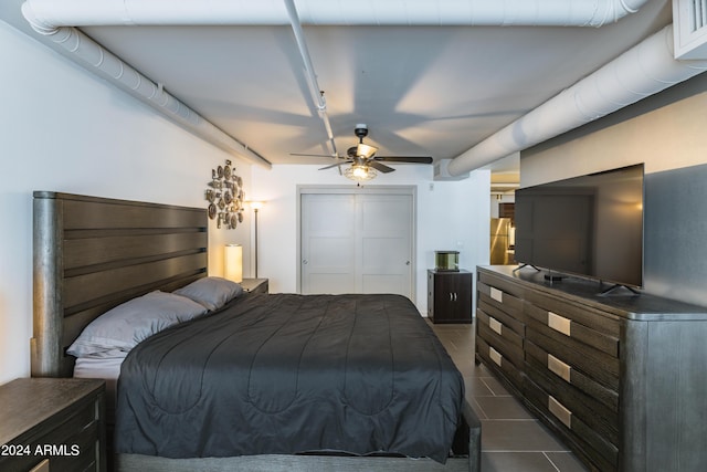 bedroom with ceiling fan and a closet