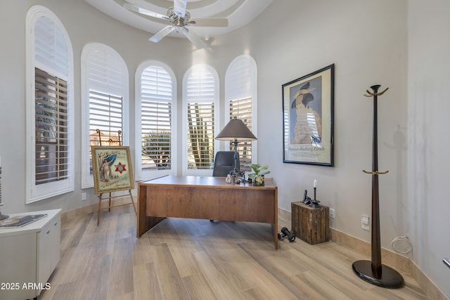 office featuring ceiling fan and light hardwood / wood-style flooring