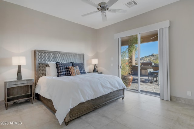 bedroom featuring access to exterior and ceiling fan