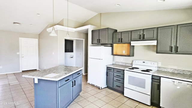 kitchen with a kitchen island, light tile patterned flooring, white appliances, and high vaulted ceiling