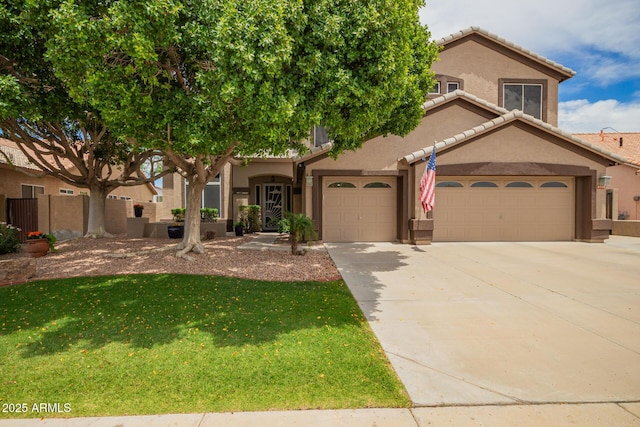 6862 W Honeysuckle Dr, Peoria, AZ 85383 - view of front of house with a garage, stucco siding, a tile roof, and driveway