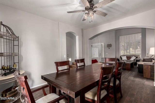 6862 W Honeysuckle Dr, Peoria, AZ 85383 - dining room with arched walkways, a ceiling fan, and dark wood-style floors