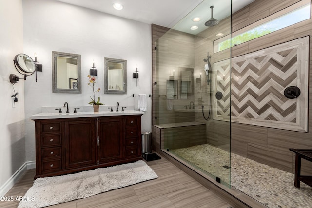 6862 W Honeysuckle Dr, Peoria, AZ 85383 - full bath with tiled shower, double vanity, recessed lighting, wood finished floors, and baseboards